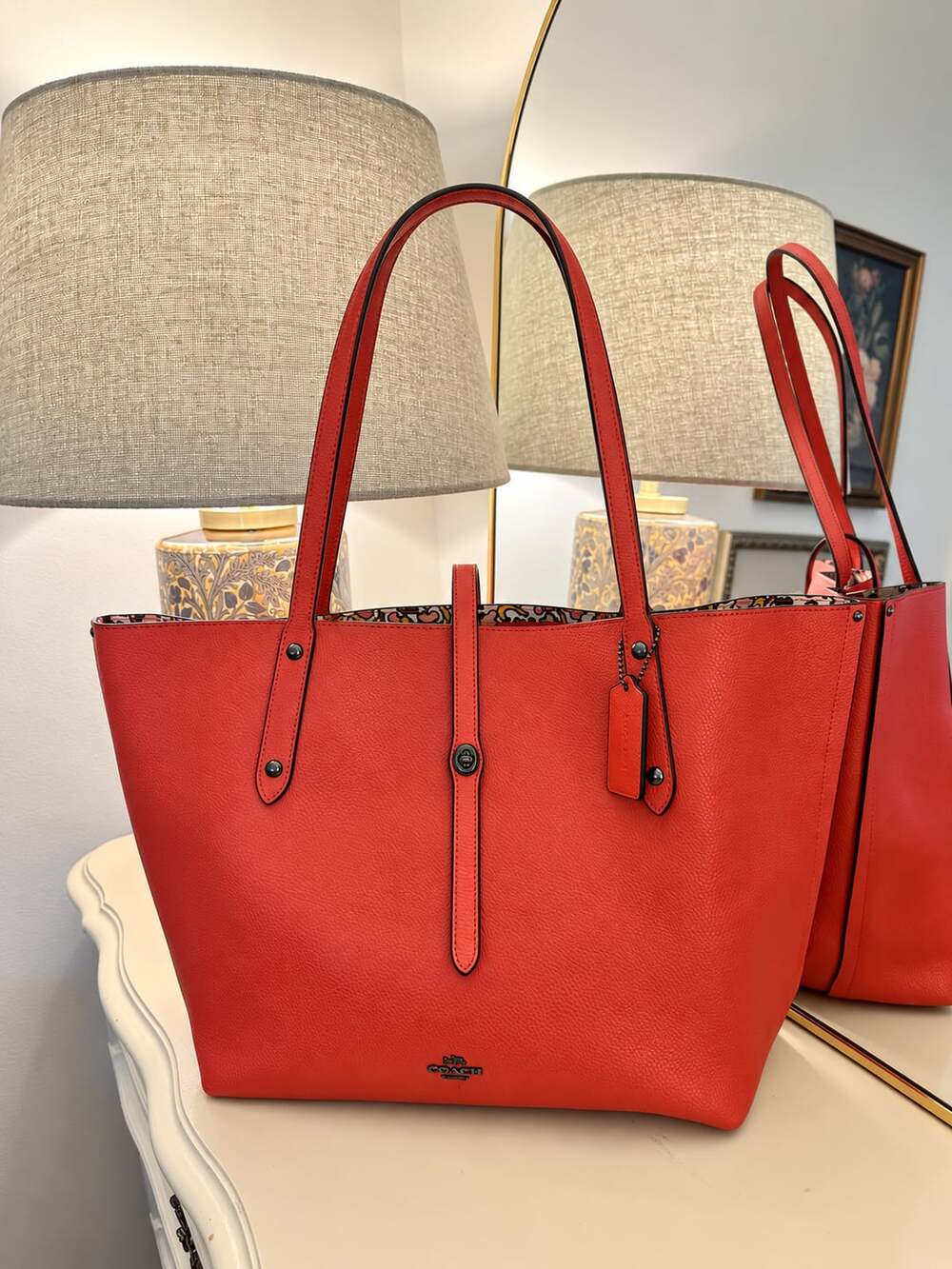 Coach 58850 Orange Market Turnlock Tote With Floral Print Interior